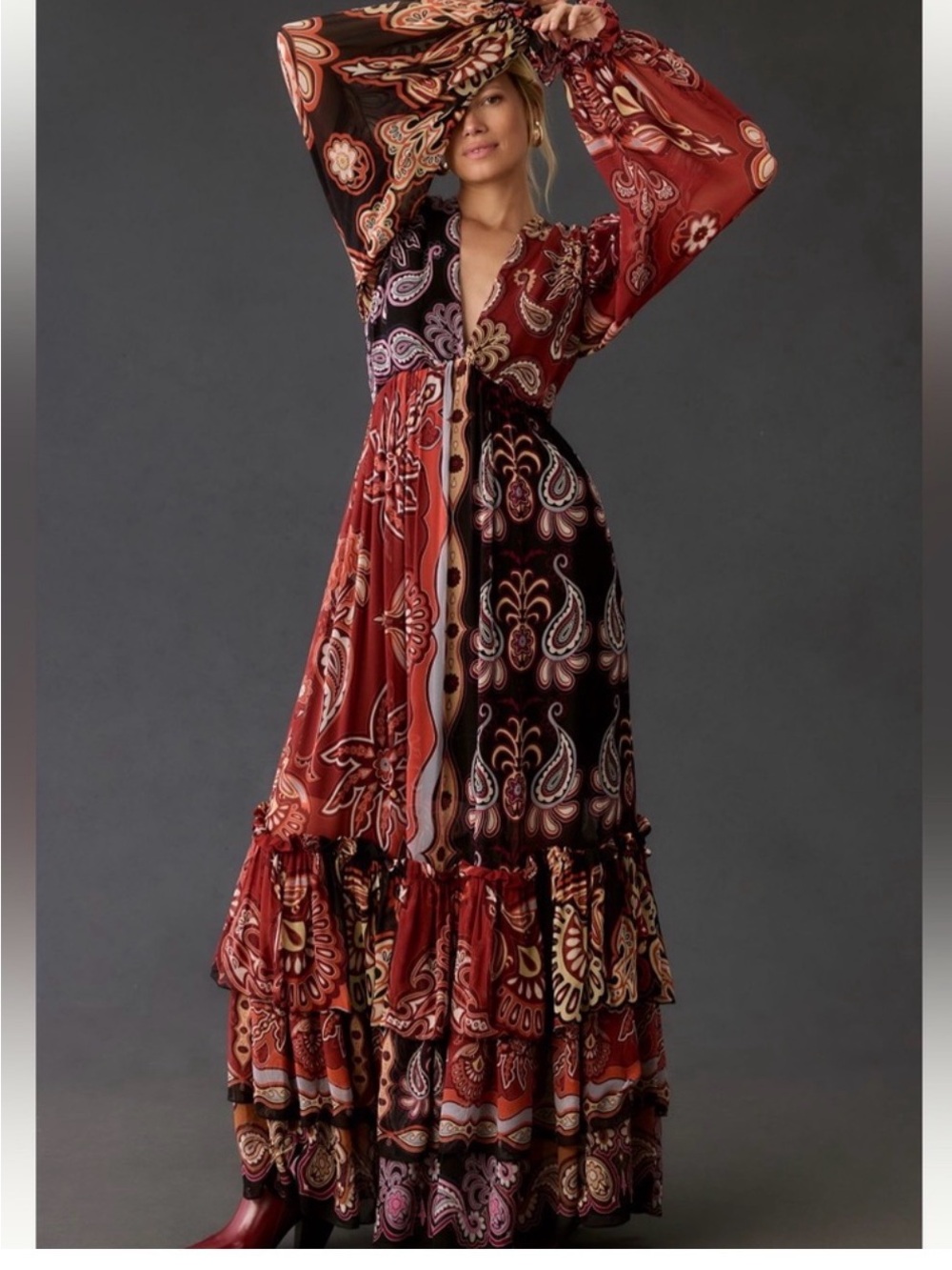 FARM Rio Rust and Black Paisley Patchwork Maxi Dress